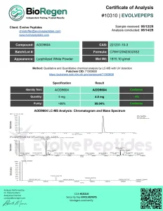 AOD-9604 certificate of analysis showing HPLC purity