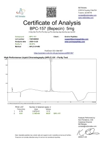 BPC-157 certificate of analysis showing HPLC purity