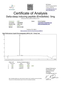 DSIP certificate of analysis showing HPLC purity
