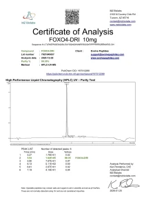 FOXO4-DRI certificate of analysis showing HPLC purity