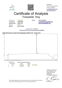 GLP-2 TZ (tirzepatide) certificate of analysis showing HPLC purity