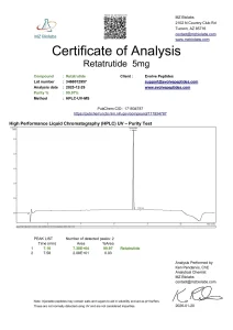 GLP-3 RT 10mg 8 GLP-3 RT (retatrutide) certificate of analysis showing HPLC purity