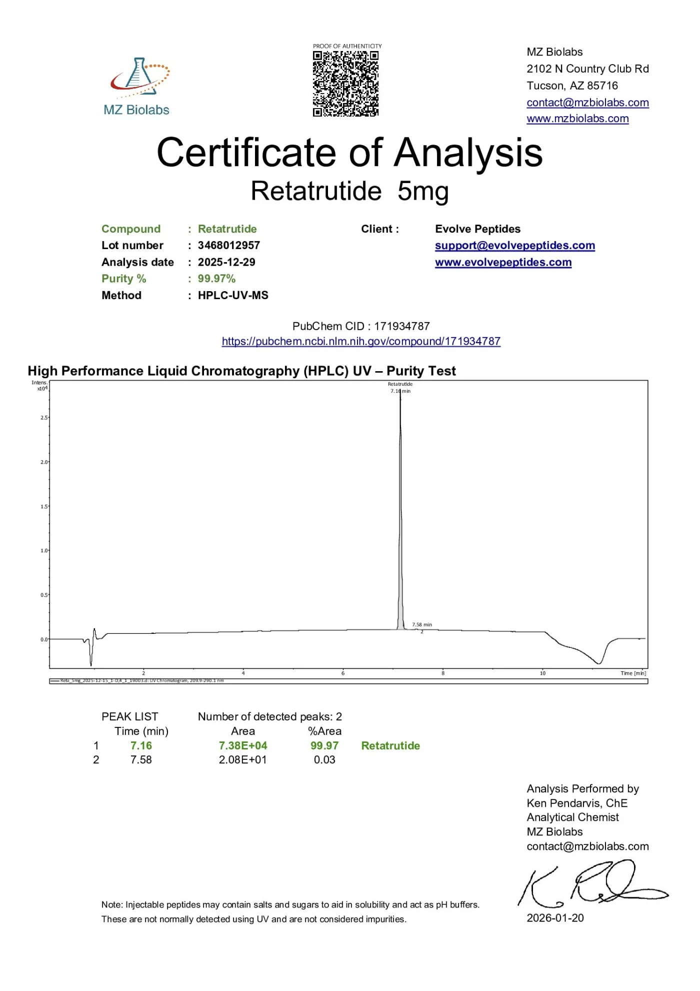 GLP-3 RT 10mg 3 GLP-3 RT (retatrutide) certificate of analysis showing HPLC purity