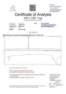 IGF-1 LR3 certificate of analysis showing HPLC purity