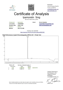Ipamorelin certificate of analysis showing HPLC purity