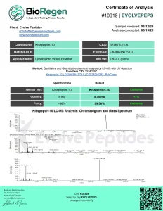 Kisspeptin-10 certificate of analysis showing HPLC purity