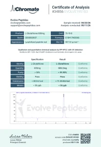 L-Glutathione Chromate certificate of analysis with HPLC purity and endotoxin results