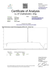 LL-37 certificate of analysis showing HPLC purity