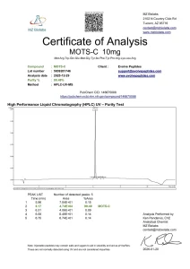 MOTS-c certificate of analysis showing HPLC purity