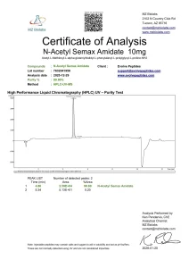 N-Acetyl Semax Amidate certificate of analysis showing HPLC purity