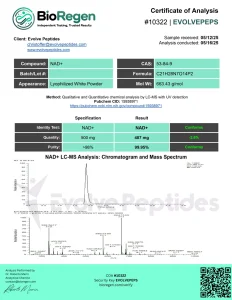 NAD+ certificate of analysis showing HPLC purity