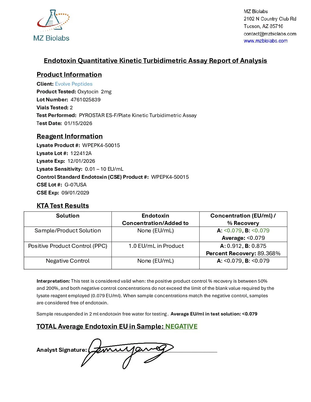 Oxytocin 2mg 3 Oxytocin endotoxin test report (LAL assay)