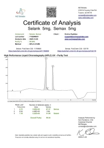 Selank and Semax blend certificate of analysis showing HPLC purity