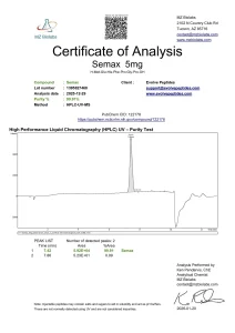 Semax certificate of analysis showing HPLC purity