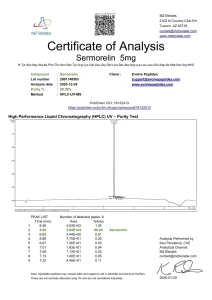 Sermorelin certificate of analysis showing HPLC purity