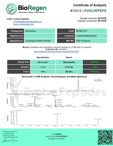 Sermorelin certificate of analysis showing HPLC purity