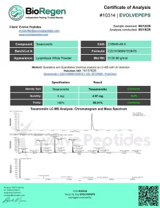 Tesa (tesamorelin) certificate of analysis showing HPLC purity
